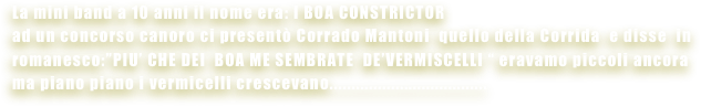 La mini band a 10 anni il nome era: I BOA CONSTRICTOR
ad un concorso canoro ci presentò Corrado Mantoni  quello della Corrida  e disse  in  romanesco:”PIU’ CHE DEI  BOA ME SEMBRATE  DE’VERMISCELLI “ eravamo piccoli ancora ma piano piano i vermicelli crescevano....................................